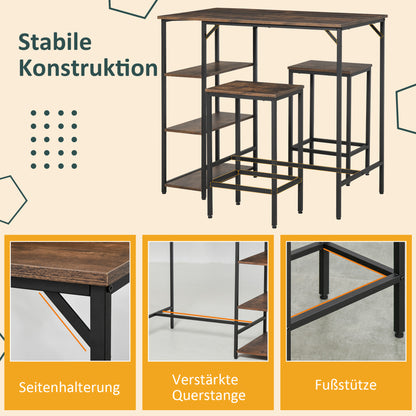 HOMCOM Bartisch-Set Stehtisch mit 2 Barhockern Essgruppe 3-teiliges Tischset Küchentresen mit Regale Spanplatte Stahl Rustikales Braun+Schwarz 109 x 60 x 100 cm