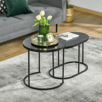 HOMCOM 2er-Set Couchtisch، Ovaler und runder Kaffeetisch، Stapelbar، Marmoroptik، MDF، Metall، Ø50 x 50,5H cm، Schwarz