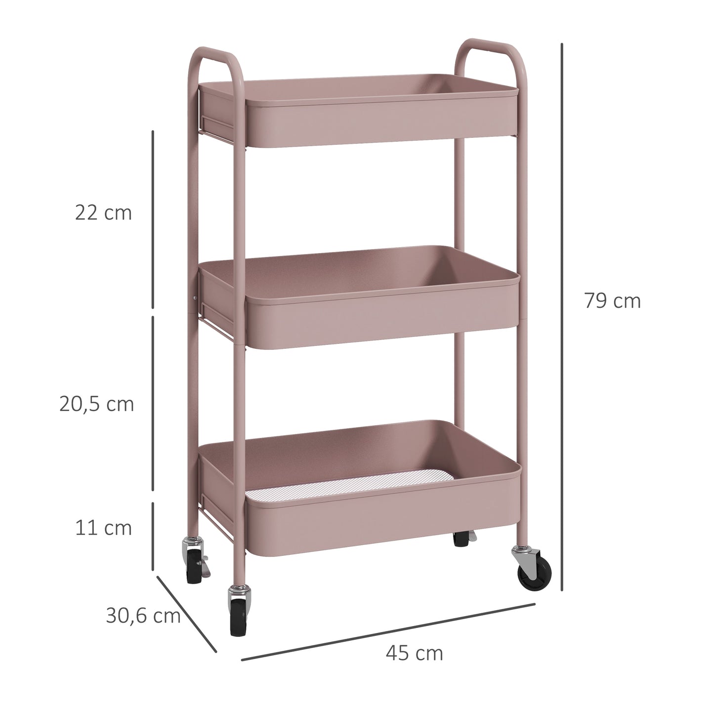 HOMCOM Mehrzweckwagen Rollwagen Küchenwagen, 3 Regale, 4 Rollen, 45 cm x 30,6 cm x 79 cm, Rosa
