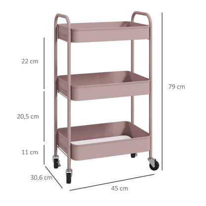 HOMCOM Mehrzweckwagen Rollwagen Küchenwagen, 3 Regale, 4 Rollen, 45 cm x 30,6 cm x 79 cm, Rosa