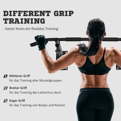 HOMCOM Klimmzugstange zur Wandmontage oder Deckenmontage bis 150 kg belastbar, Multifunktionale Pull Up Bar mit rutschfest Griffe, Ösen sicher stabil Klimmzug Stange für Fitness Zuhause, Stahl Schwarz