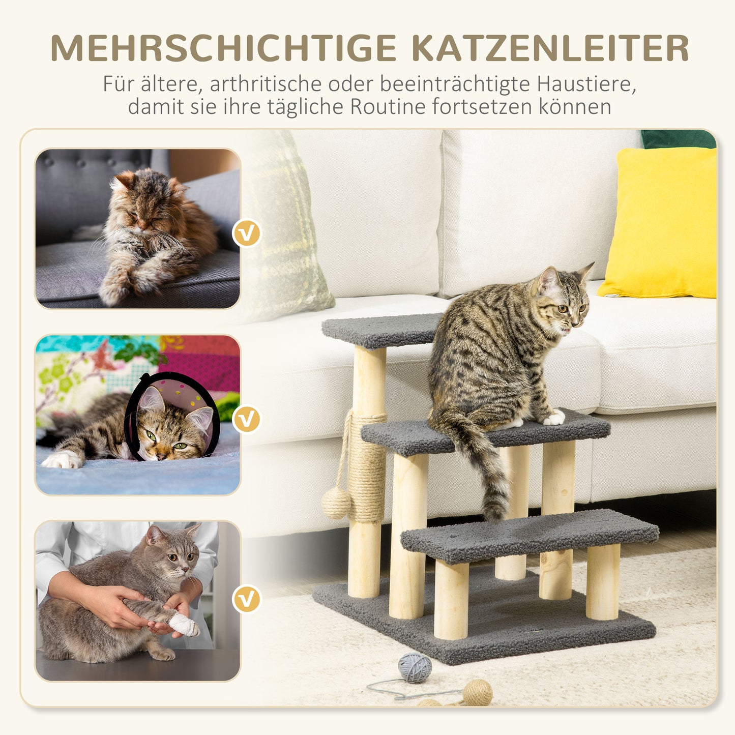 PawHut Katzentreppe, Kratzbaum, drei Stufen, Spielball, grau+holzfarben, 45 x 40 x 48cm