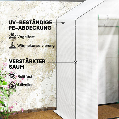 Outsunny Gewächshaus mit Regalen, Mini-Treibhaus, UV-beständig, Netzfenster, Reißverschlusstür, 143L x 74B x 190H cm, Weiß