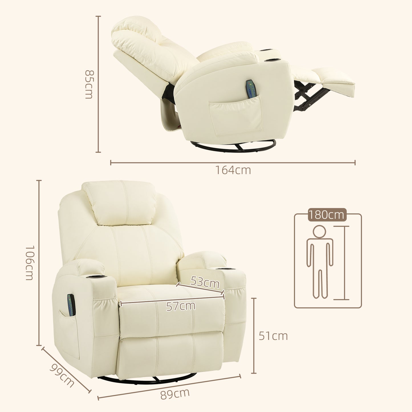 HOMCOM Relaxsessel mit Massagefunktion, neigbare Lehne, drehbar, bis 150 kg, Kunstleder, Cremeweiß