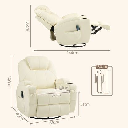 HOMCOM Relaxsessel mit Massagefunktion, neigbare Lehne, drehbar, bis 150 kg, Kunstleder, Cremeweiß