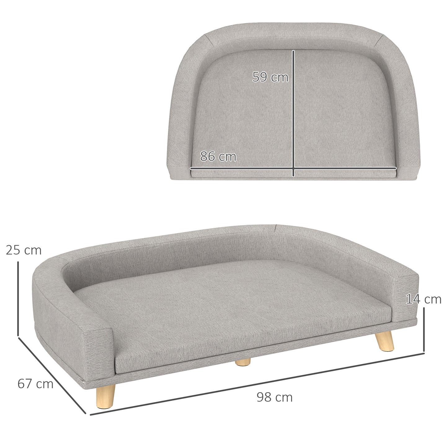 PawHut Hundesofa für große Hunde bis 30 kg, gepolsterte, Kiefernholzbeine, 98 x 67 x 25 cm, Grau