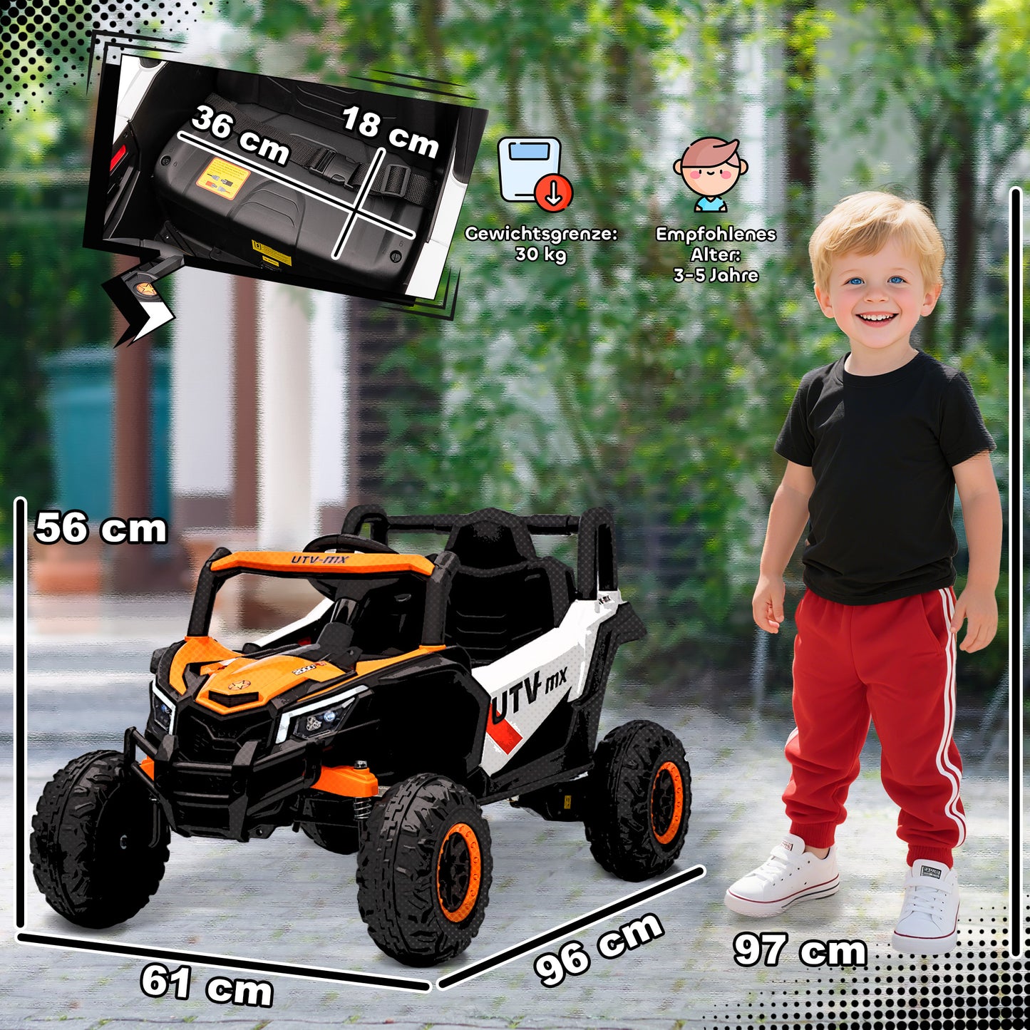 AIYAPLAY 12V Elektroauto für Kinder, Fernbedienungsfunktion, Gurt, Hupe, LED-Lichter, USB-Port, för 3-5 Jahre, Orange