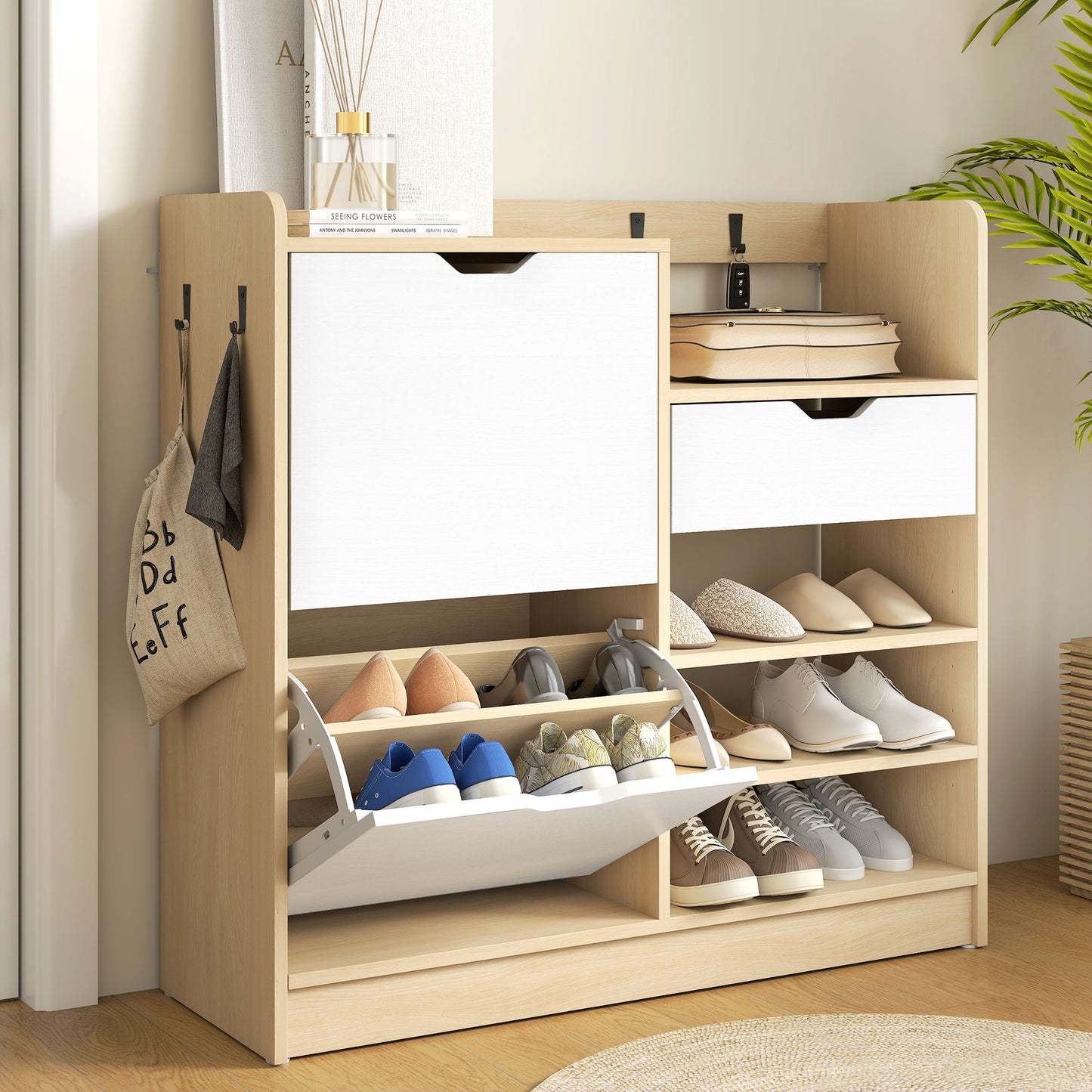 HOMCOM Schuhregal für Flur, Schuhschrank mit Kippschubladen, offenen Regalen, 4 Haken, für bis zu 14 Paar Schuhe, Natur