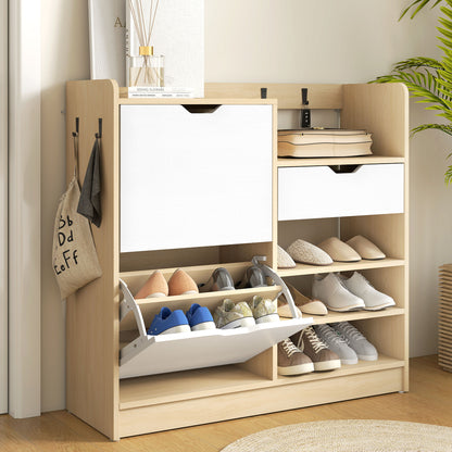 HOMCOM Schuhregal für Flur, Schuhschrank mit Kippschubladen, offenen Regalen, 4 Haken, für bis zu 14 Paar Schuhe, Natur