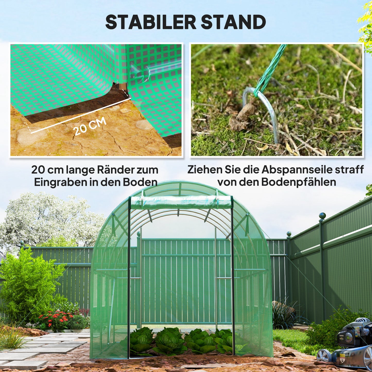 Outsunny Polytunnel Gewächshaus mit Kunststoff-Abdeckung und Stahlrahmen, begehbares Gewächshauszelt mit Rolltüren, Grün