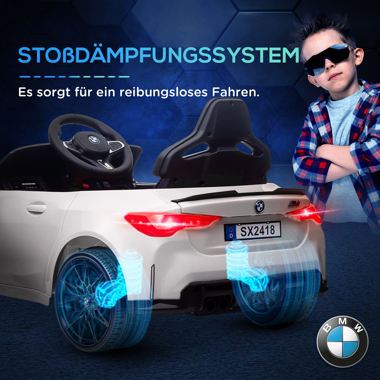 AIYAPLAY Elektro Kinderauto BMW M4, Sound & Licht, 3-5 km/h, inkl. Fernsteuerung, für 3-5 Jahre, Weiß
