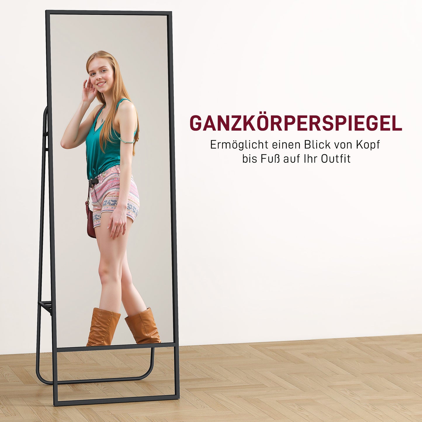 HOMCOM Ganzkörperspiegel, industrielles Design, hinteres Regal, 2 Haken, Metallrahmen, für Schlafzimmer, 157 x 50 cm, Schwarz