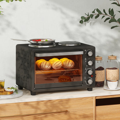 HOMCOM 28 L Toasterofen, Kompakter Backofen zum Kochen und Grillen, Elektro-Ofen mit Backblech, Grillrost, 2600W, Schwarz