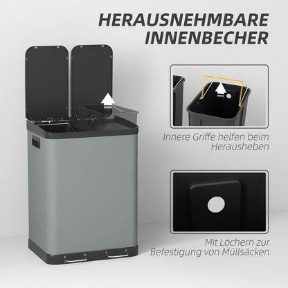HOMCOM Doppelfach-Mülleimer, 2 x 30L, fingerabdruckresistent, Pedal, herausnehmbare Inneneimer, Grau
