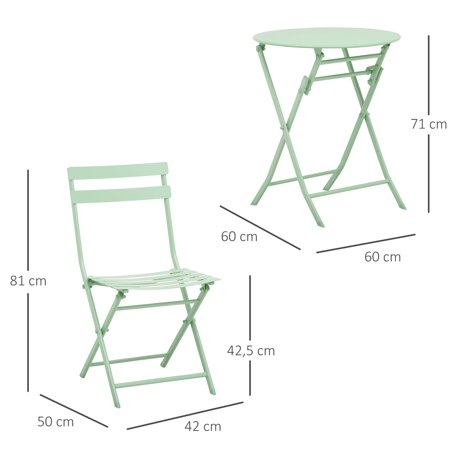 Outsunny Gartenset für 2 Personen Garnitur Balkonmöbel Set Bistrotisch mit 2 Stühlen für Hof Garten klappbar Grün
