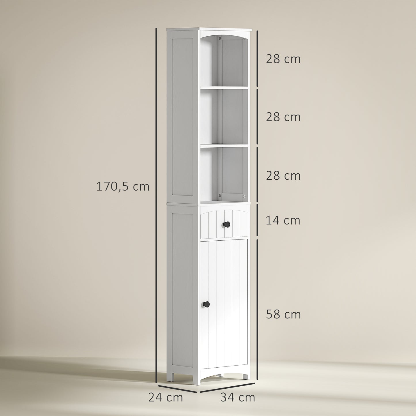 HOMCOM Badezimmerschrank mit 3 Regalen, 1 Schublade, robust, MDF, Weiß