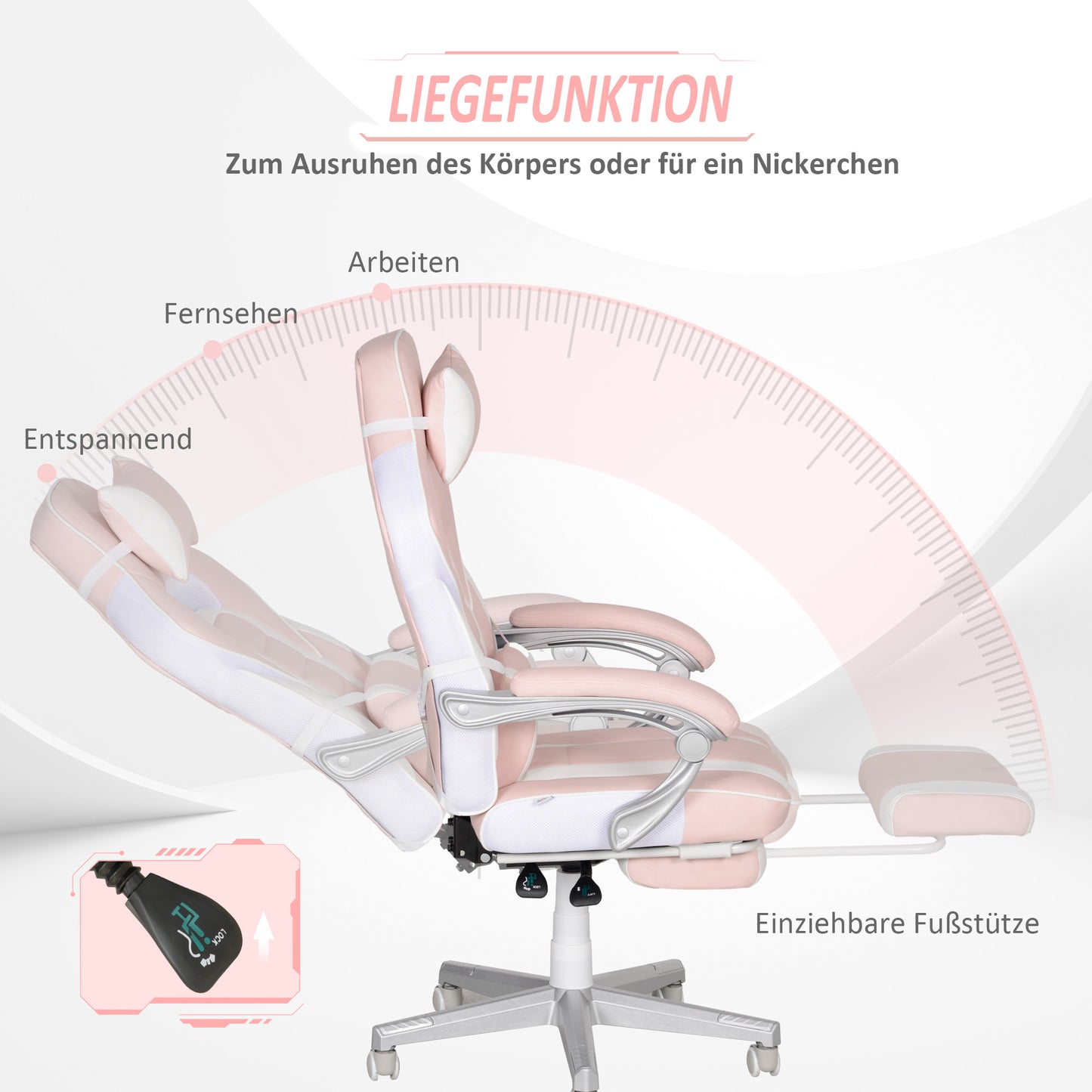 HOMCOM Gamingstuhl mit Fußstütze, Kopf- & Lendenkissen, drehbar, höhenverstellbar, Rosa