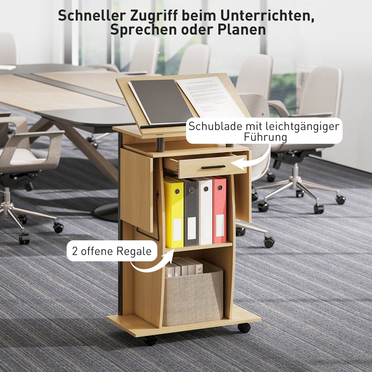 HOMCOM Rollbarer Podiumsständer, Redepult mit klappbaren Seitenflügeln, Laptop-Tisch mit Schublade und Regalen, Eichenoptik