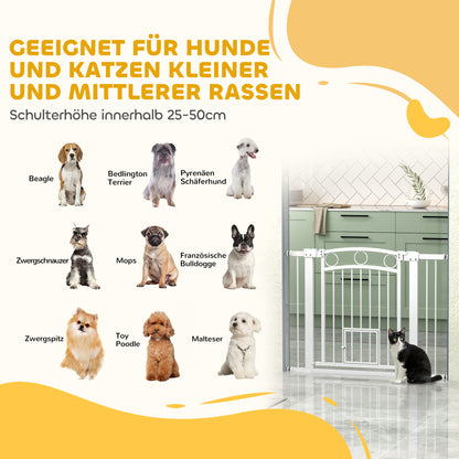 PawHut Haustiertor, 77 cm Treppengatter, verstellbare Breite 76-104 cm, mit Katzentür, für Treppen und Türöffnungen, Weiß