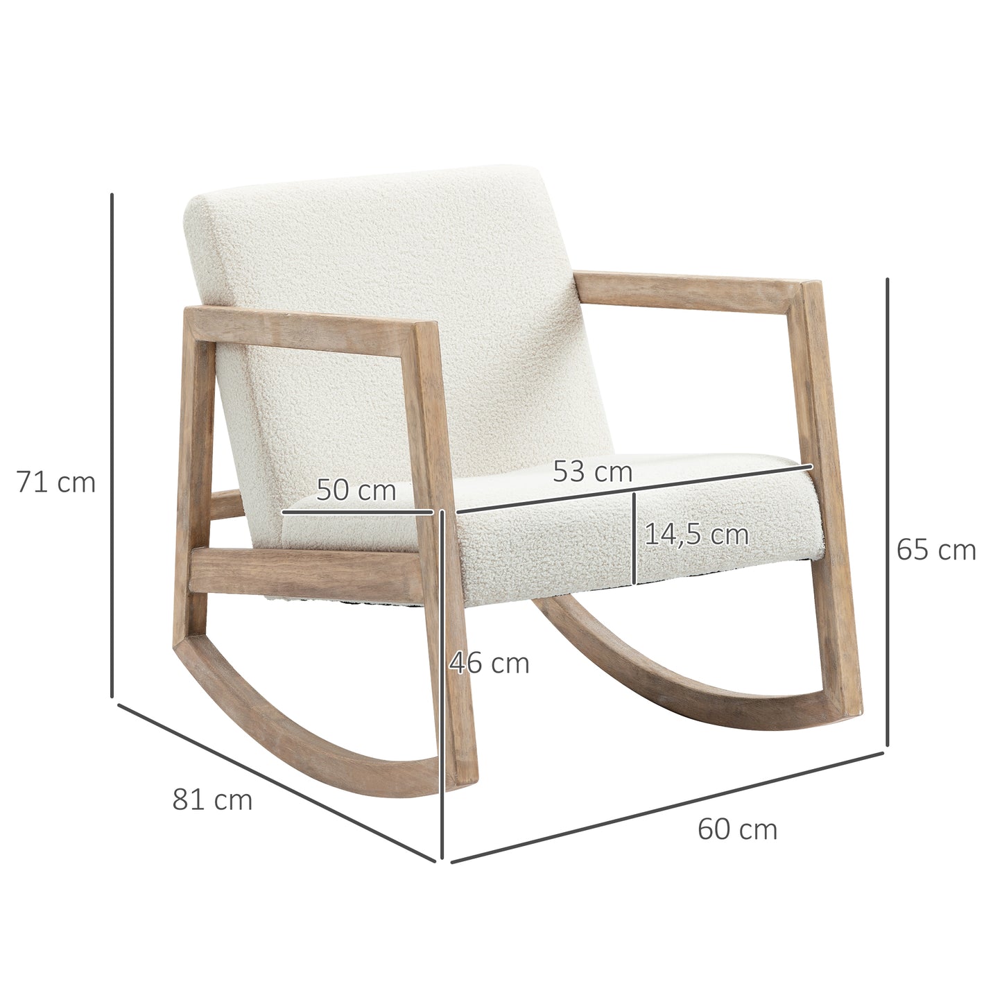 HOMCOM Schaukelstuhl mit Holzrahmen gepolstert Relax Stuhl Sessel Stuhl Wohnzimmersessel Lounge mit gepolsterter Sitzfläche Kautschukholz Cremeweiß 60 x 81 x 71 cm