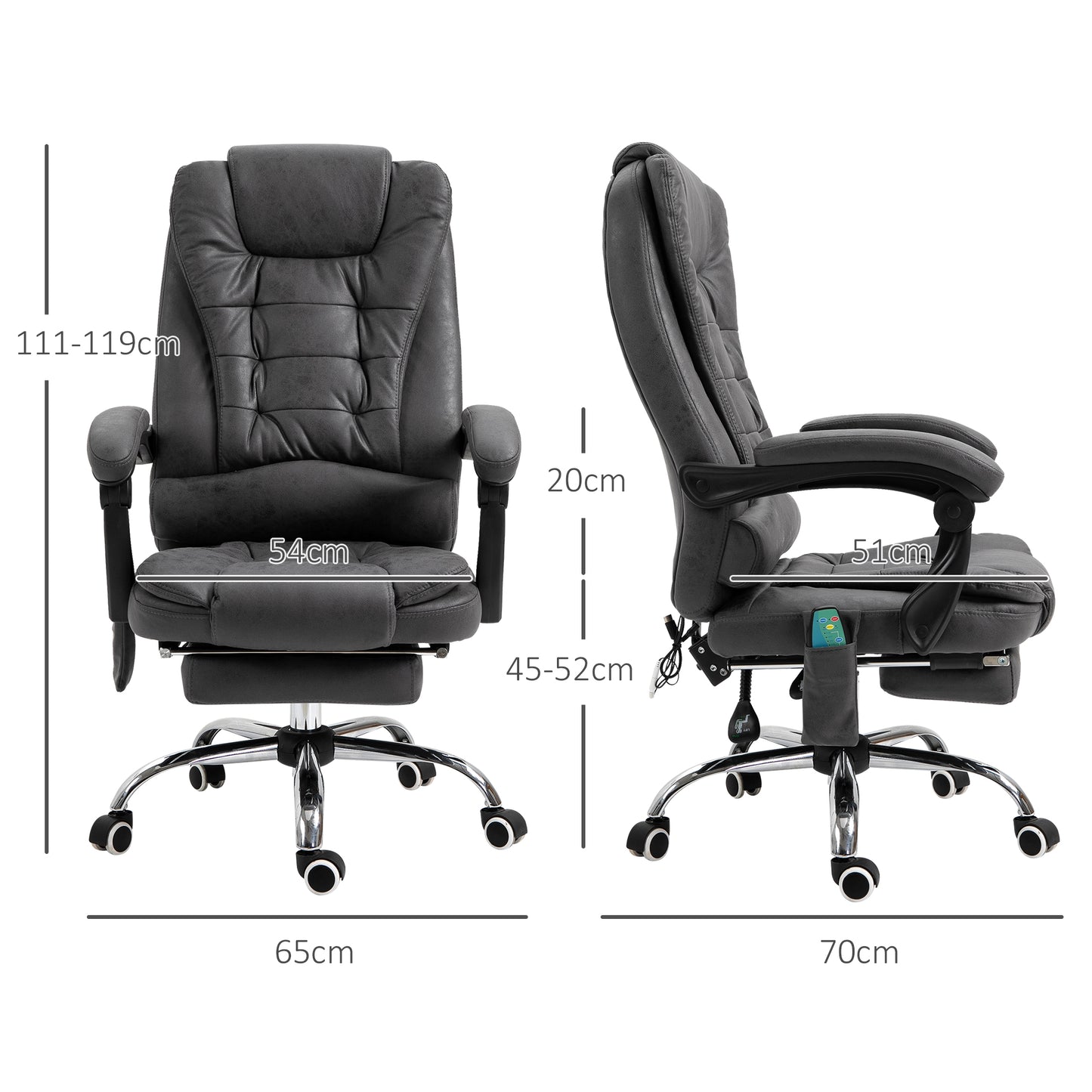 Vinsetto Bürostuhl mit Massagefunktion, ergonomisch, 65x160x104cm, Grau