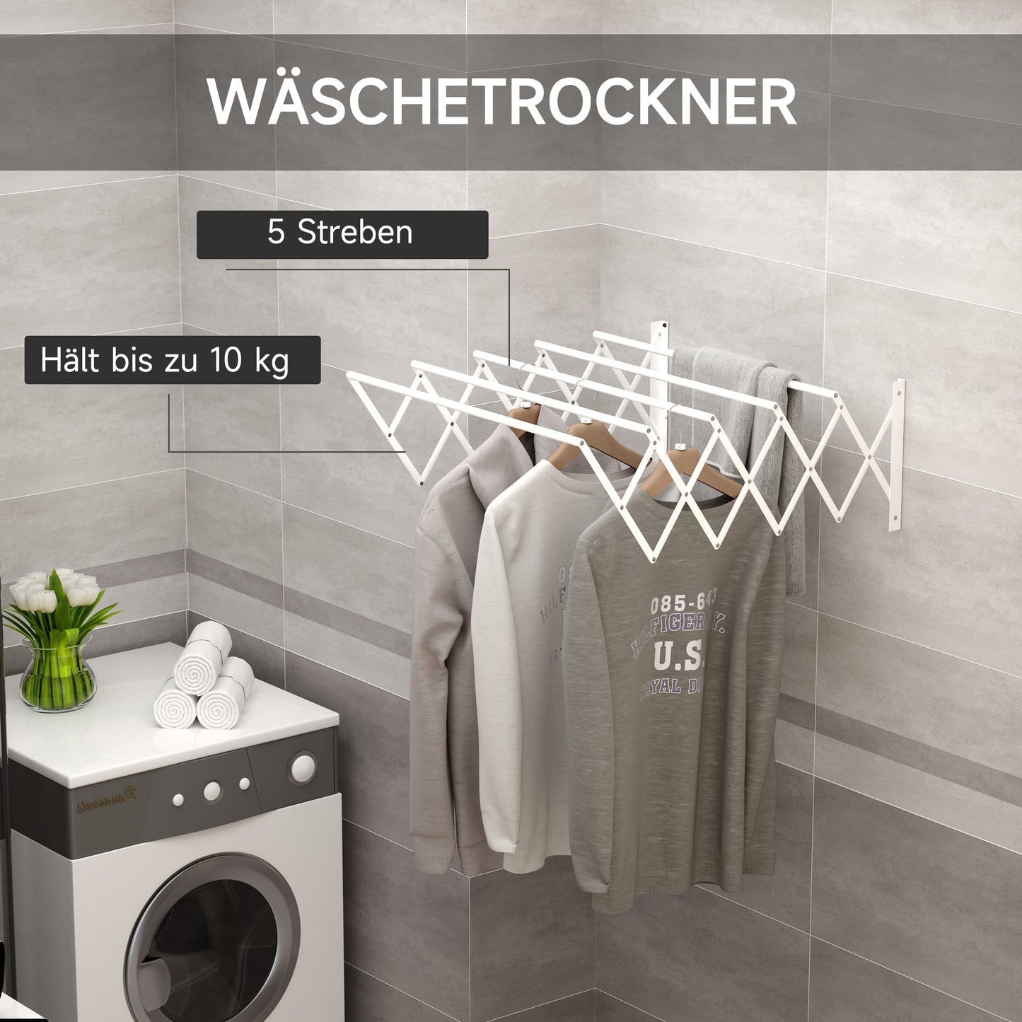 HOMCOM Wäscheständer für Wandmontage ausziehbar klappbar platzsparender Wäschetrockner، Wäschetrockner für Innen und Außen، أبيض، 63.5 × 60 × 20 سم