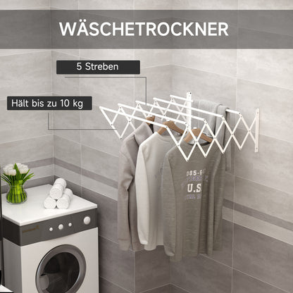 HOMCOM Wäscheständer für Wandmontage ausziehbar klappbar platzsparender Wäschetrockner، Wäschetrockner für Innen und Außen، أبيض، 63.5 × 60 × 20 سم