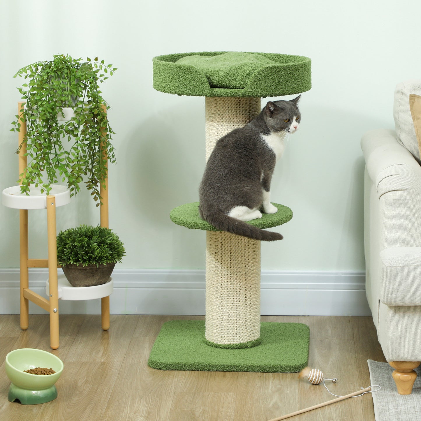 PawHut Katzenbaum 91cm Spielbaum mit Katzenbett, Plattform Lammwolle Grün