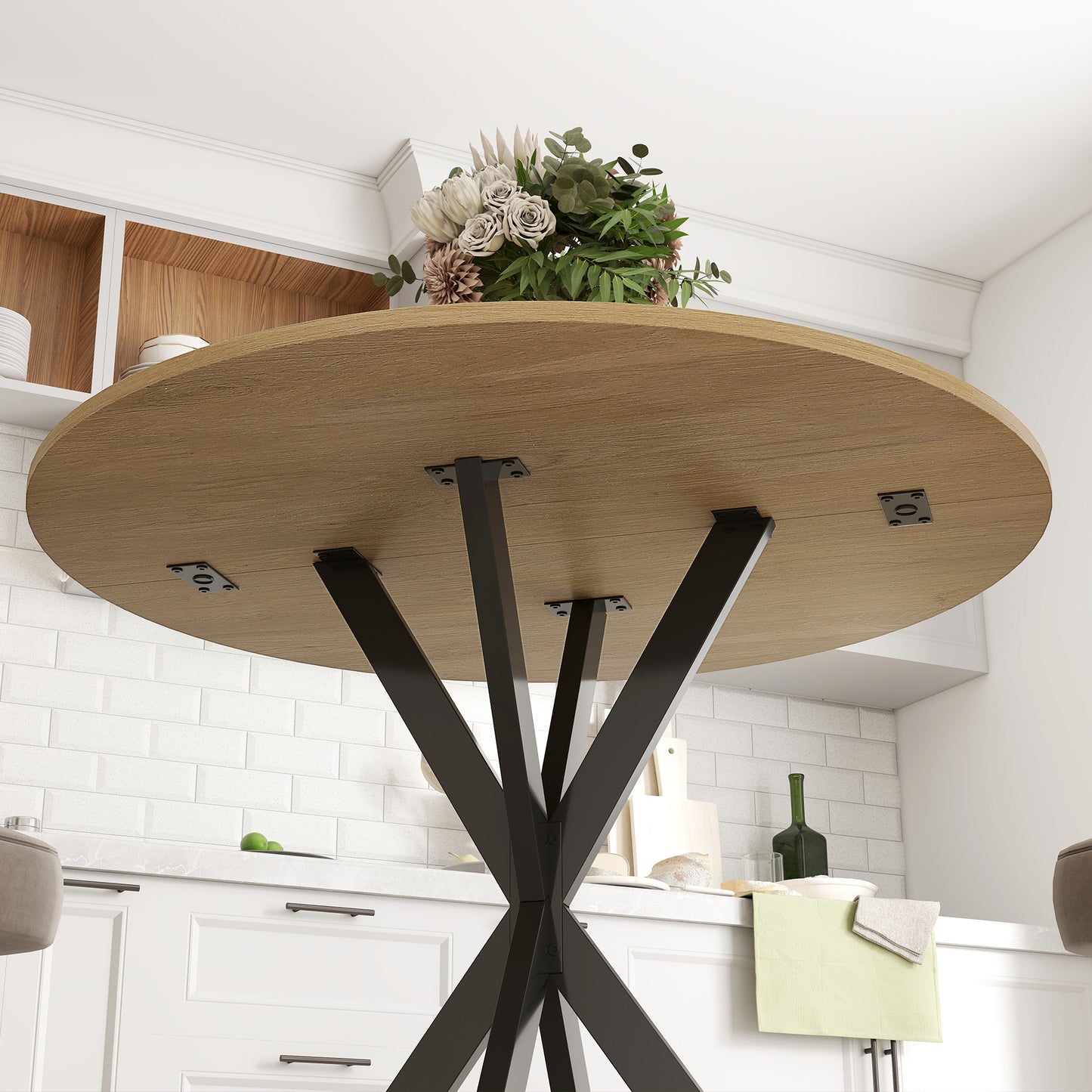 HOMCOM Runder Küchentisch, 80 cm, kompakte Tischplatte, Spanplatte, Metall, Weiße Eiche+Schwarz