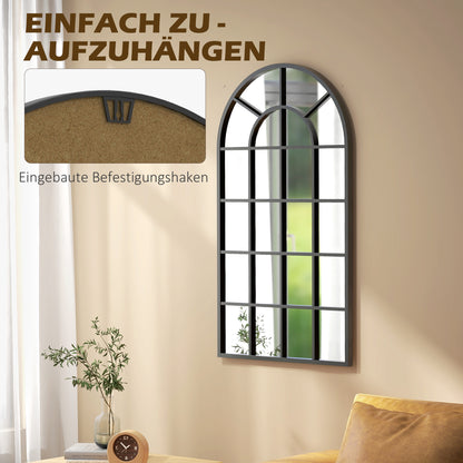 HOMCOM Dekospiegel großer Spiegel, Fensteroptik, Bogenförmig, inkl. Aufhängung. Schwarz + Spiegelglas