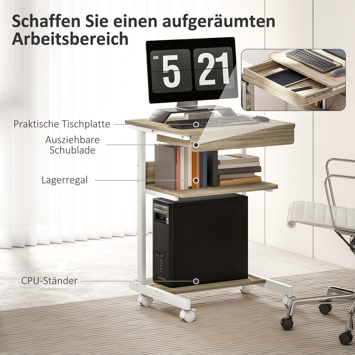 HOMCOM Roll-Schreibtisch mit Schublade und Regalen, 4 Räder, kompakt, Spanplatte, Metall