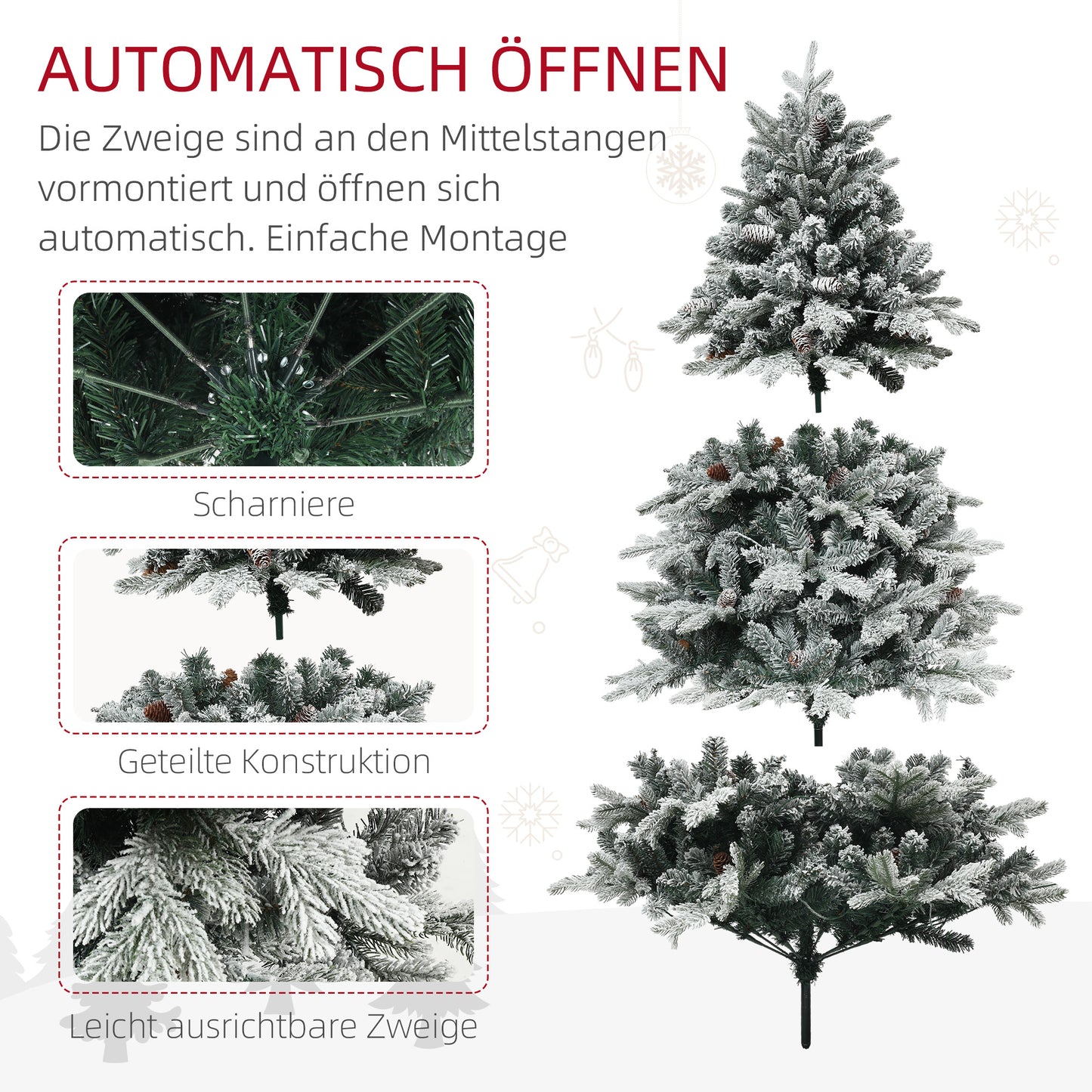 HOMCOM Künstlicher Weihnachtsbaum, 180 cm, LED-Lichter, schneebedeckt, flammenhemmend, Metall