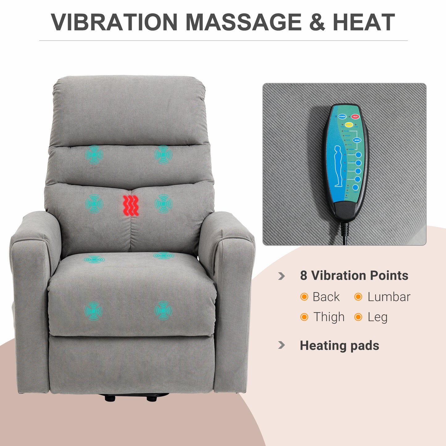 HOMCOM Fernsehsessel mit Aufstehhilfe Elektrisch, Massagesessel mit Liegefunktion und Wärmefunktion, Relaxsessel mit Fernbedienung und Seitentasche Verstellbar Polyester-Gewebe Dunkelgrau