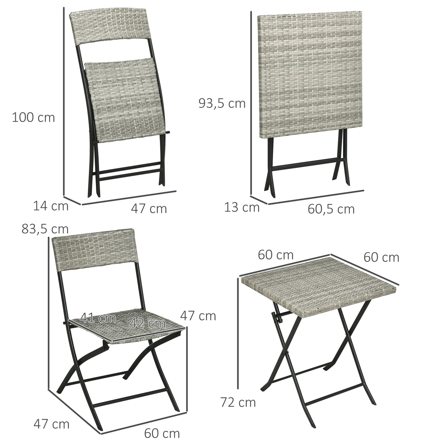 Outsunny 3-tlg. Gartensitzgruppe, 2 Klappstühle, 1 Klapptisch, Rattanoptik, Metallrahmen, hellgrau