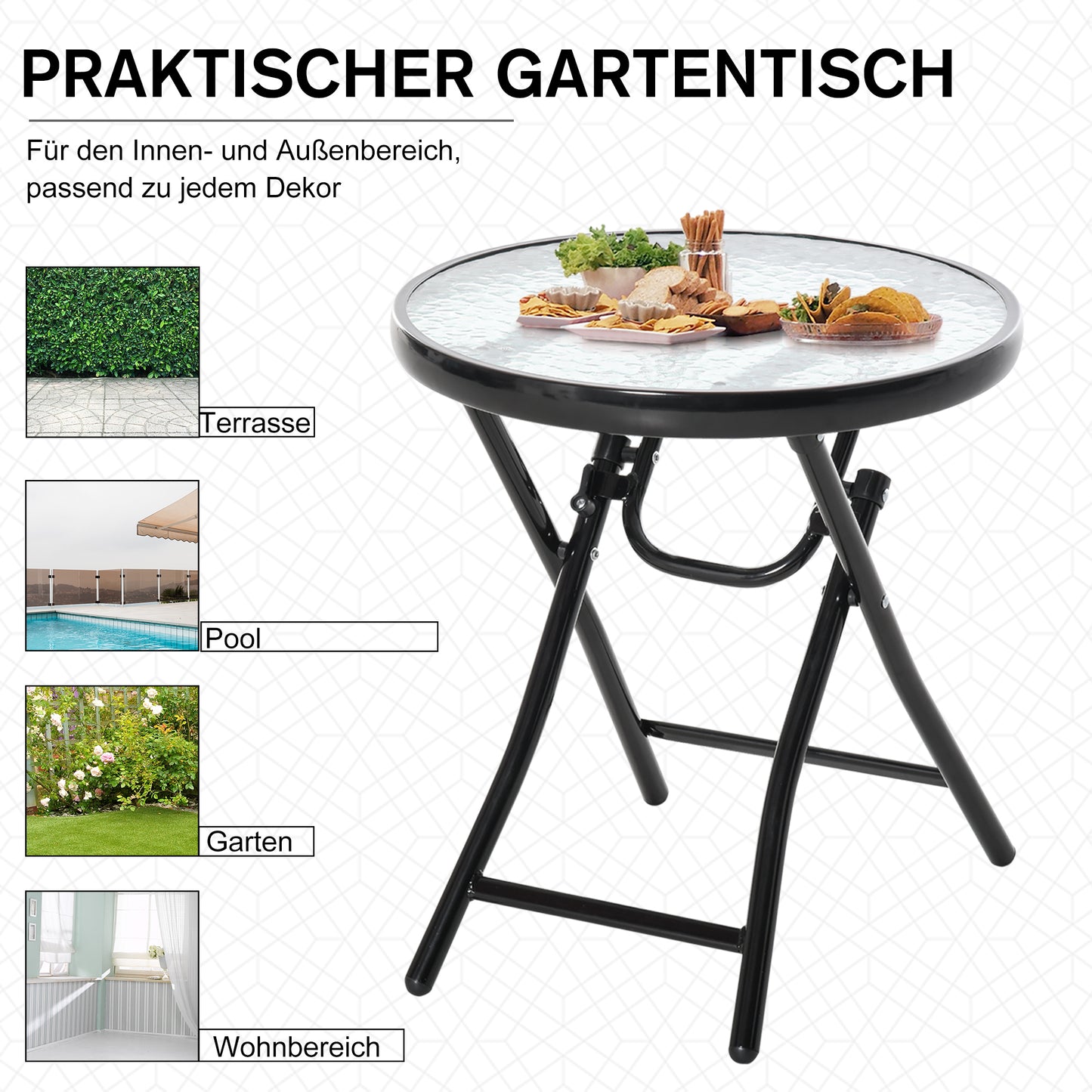 Outsunny Gartentisch Beistelltisch Bistrotisch mit Glasplatte rund klappbar Metall Ø45 schwarz