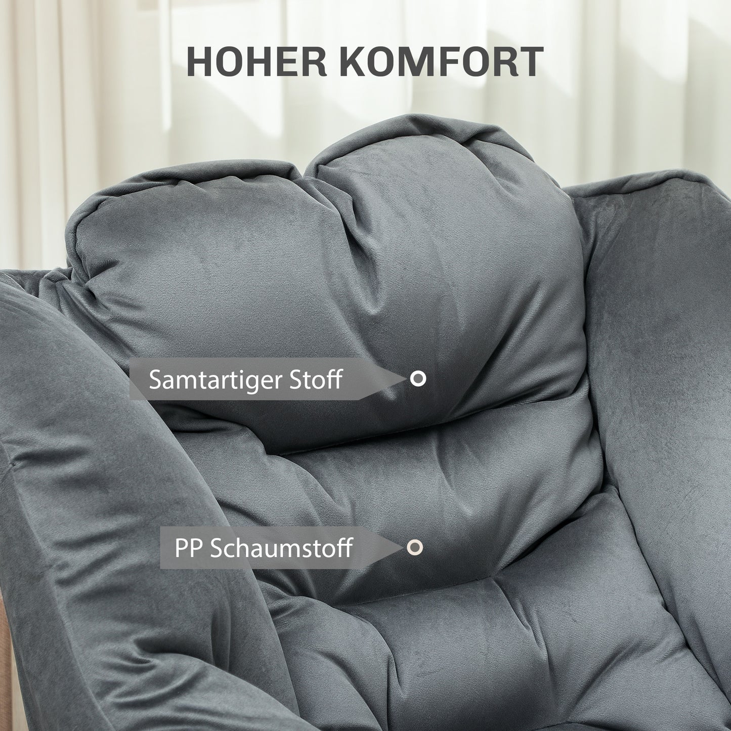 HOMCOM Moderner Akzentstuhl, Polsterstuhl mit Stahlbeinen und Seitentaschen, für Wohnzimmer, Schlafzimmer, Grau