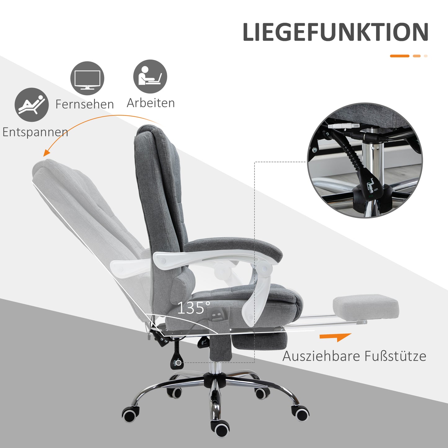 Vinsetto Bürostuhl mit Massage- und Heizfunktion, neigbare Rückenlehne, drehbar & höhenverstellbar, bis 120 kg, Grau
