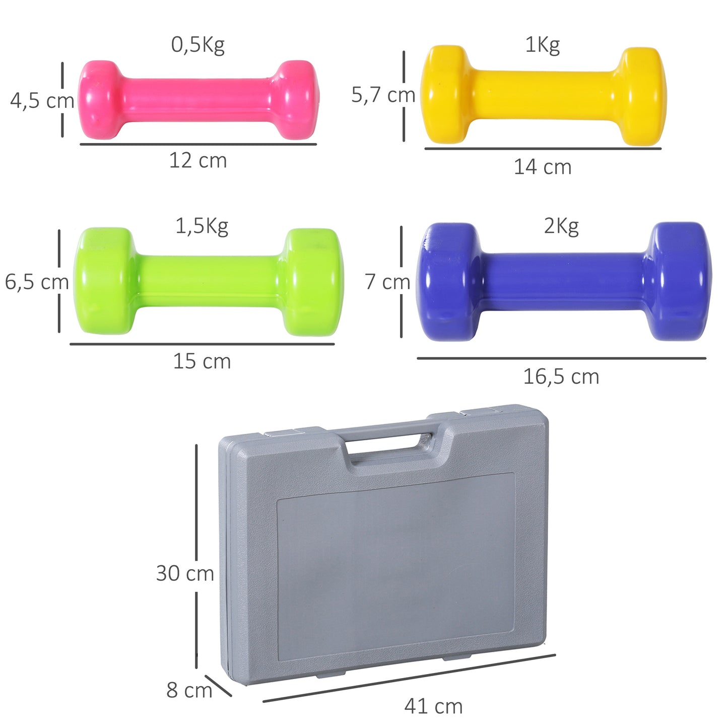 HOMCOM Hantelset 4 Hantelpaare mit Koffer 0,5 kg/1 kg/1,5 kg/2 kg Eisen+Kunststoff Rot Gelb Grün Lila