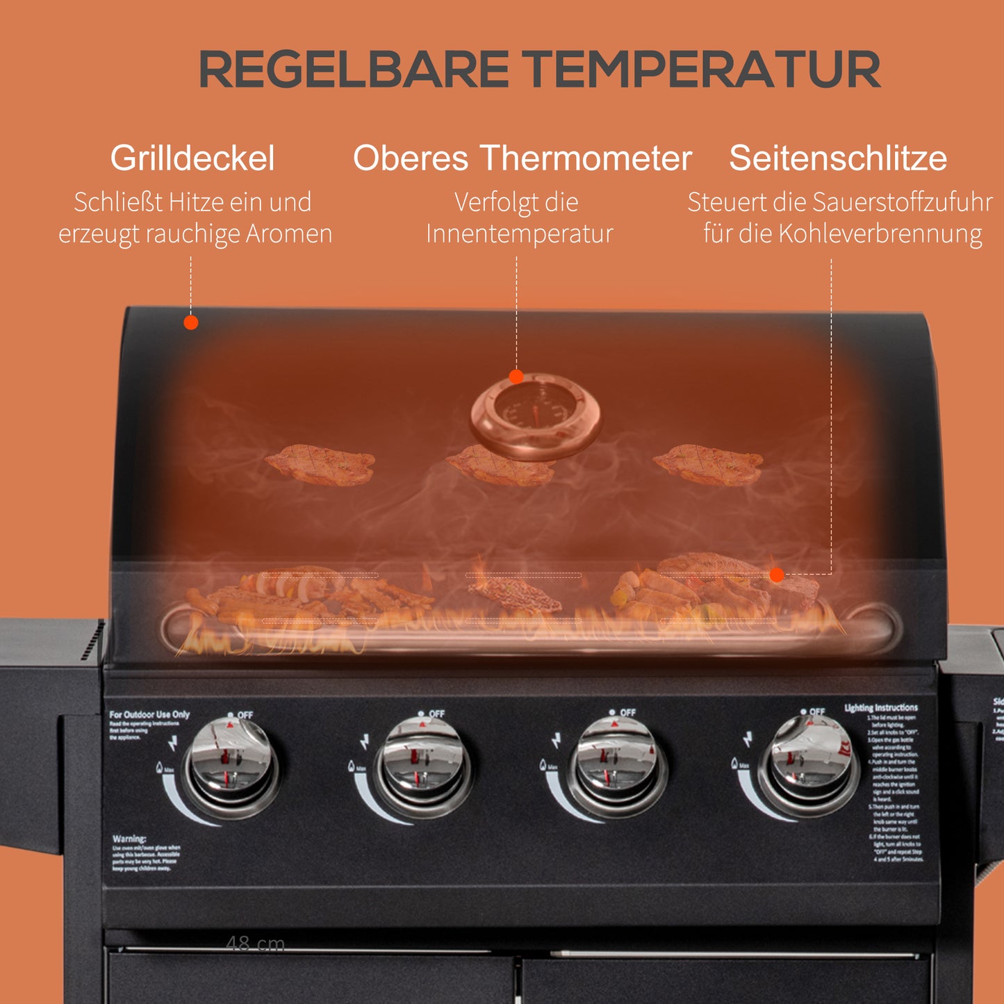 Outsunny Gasgrill BBQ mit 3 Brennern je 3 kw mobiler Grillwagen mit 4 Rädern Grillnetz Seitentischen Druckminderer Schläuche Schrank Multifunktion Metall Schwarz 132,4cm x 55cm x 109cm