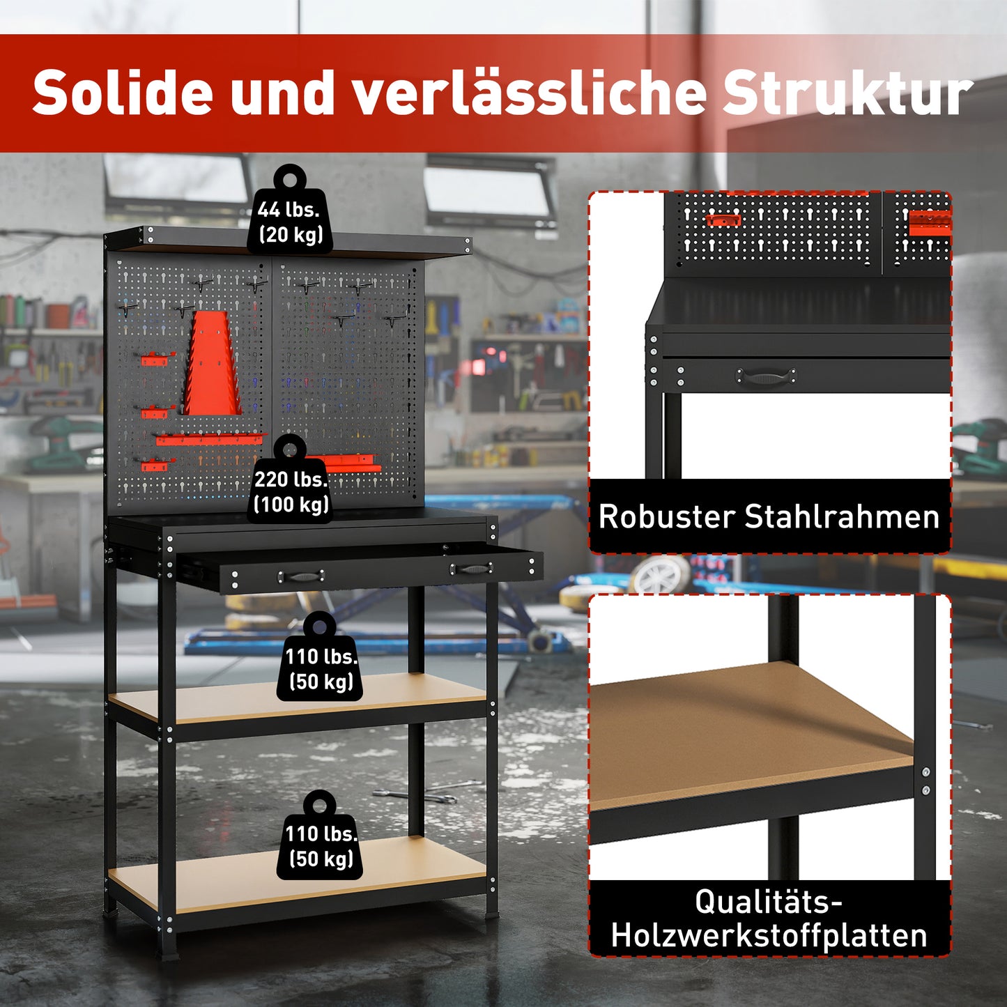 HOMCOM Werkbank 80 x 40,5 x 155 cm Werkzeugbank mit Lochwand, Haken, Schublade, 2 Ablagen für Werkstatt Schwarz