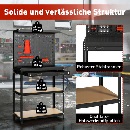 HOMCOM Werkbank 80 x 40,5 x 155 cm Werkzeugbank mit Lochwand, Haken, Schublade, 2 Ablagen für Werkstatt Schwarz