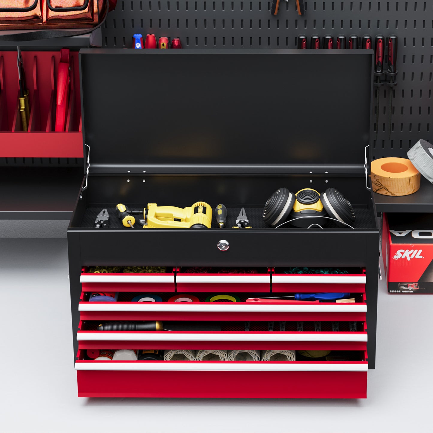 HOMCOM Werkzeugkiste, abschließbar, 3 Schubladen, Stahlgehäuse, 60x26x34cm, Rot+Schwarz