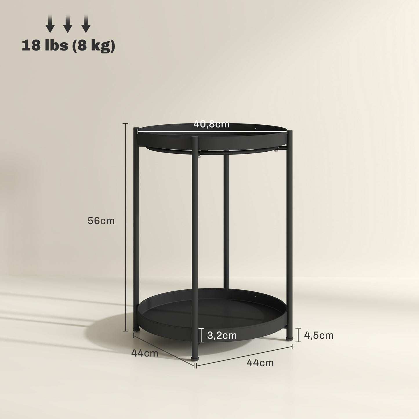 HOMCOM Runder Beistelltisch mit Regalboden, 2-stufiger Kaffeetisch für Wohnzimmer, Schlafzimmer, kleine Räume, Metall, Schwarz