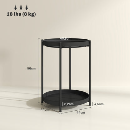 HOMCOM Runder Beistelltisch mit Regalboden, 2-stufiger Kaffeetisch für Wohnzimmer, Schlafzimmer, kleine Räume, Metall, Schwarz