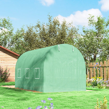 Outsunny Gewächshaus 350x200x200cm Foliengewächshaus Tomatenhaus mit Tür, 6 Fenster, Folientunnel aus verzinktem Stahl, PE, stabiles Treibhaus Pflanztunnel, inkl. Erdanker & Seilen, Grün