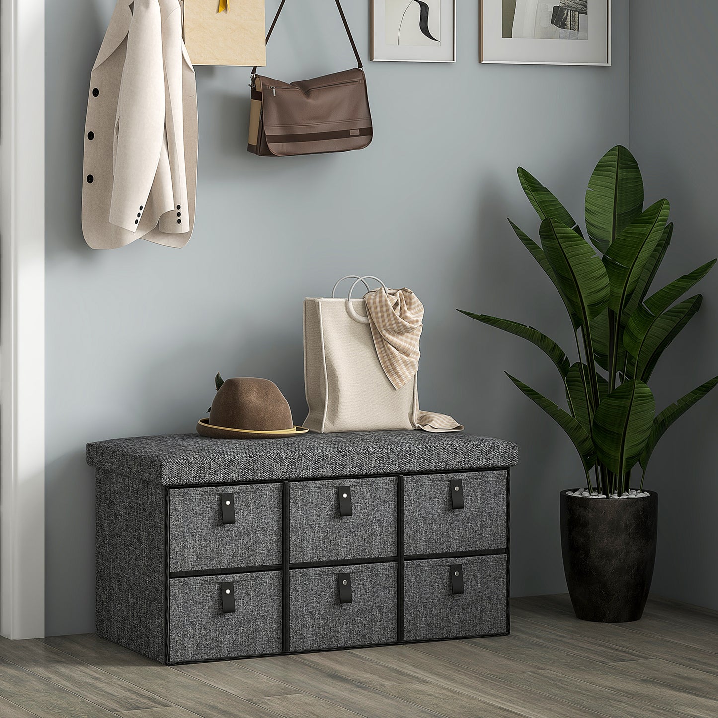 HOMCOM Gepolsterte Schuhbank, 6 Schuhfächer, MDF-Rahmen, Leinenoptik, Grau