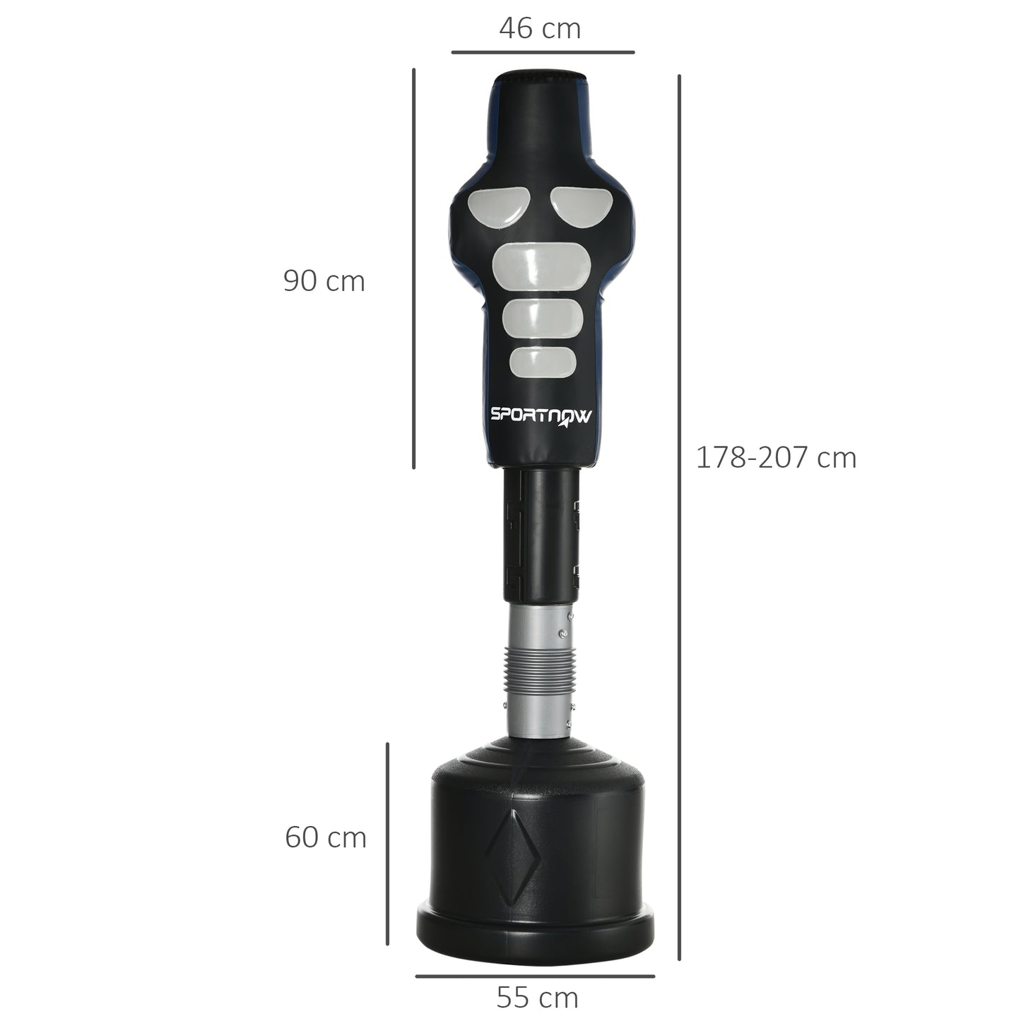 SPORTNOW Boxdummy, freistehend, höhenverstellbar, schwerer Standfuß, Kunstleder, schwarz+grau+blau, 55 x 55 x 178-207 cm
