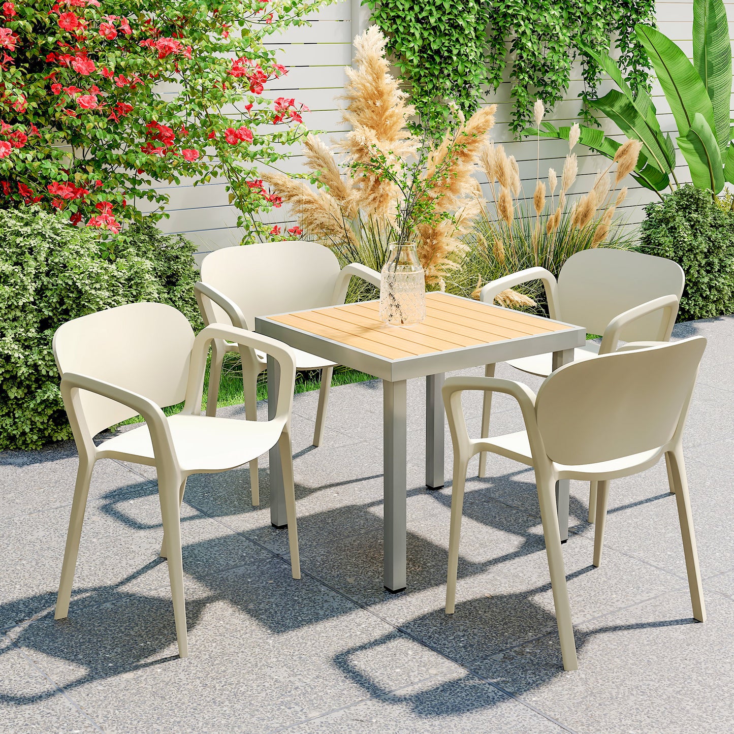 Outsunny Gartenstuhl 4er Set wetterfest Gartenstühle aus Kunststoff Stapelstuhl mit Armlehne Rückenlehne bis 120 kg belastbar