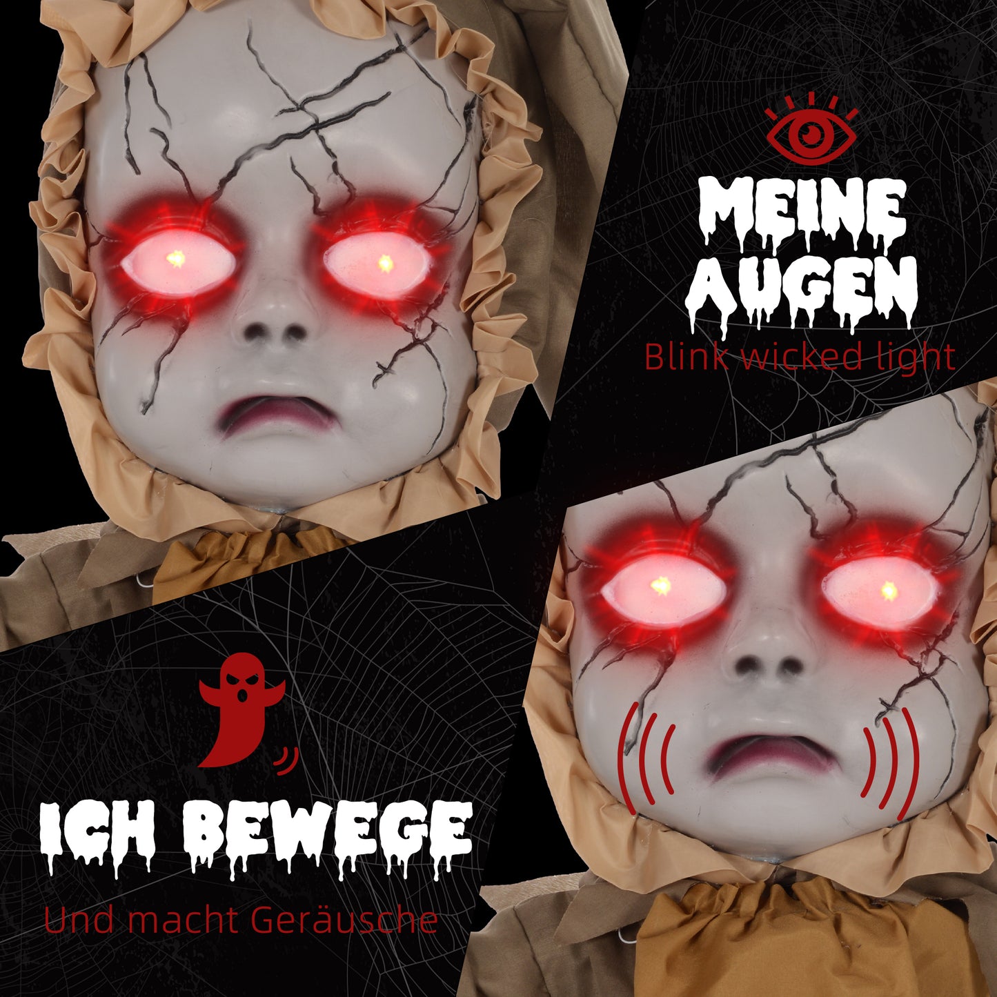 HOMCOM Grusel-Puppe Halloween-Dekoration, beweglicher Kopf, rote Augen, Batteriebetrieb