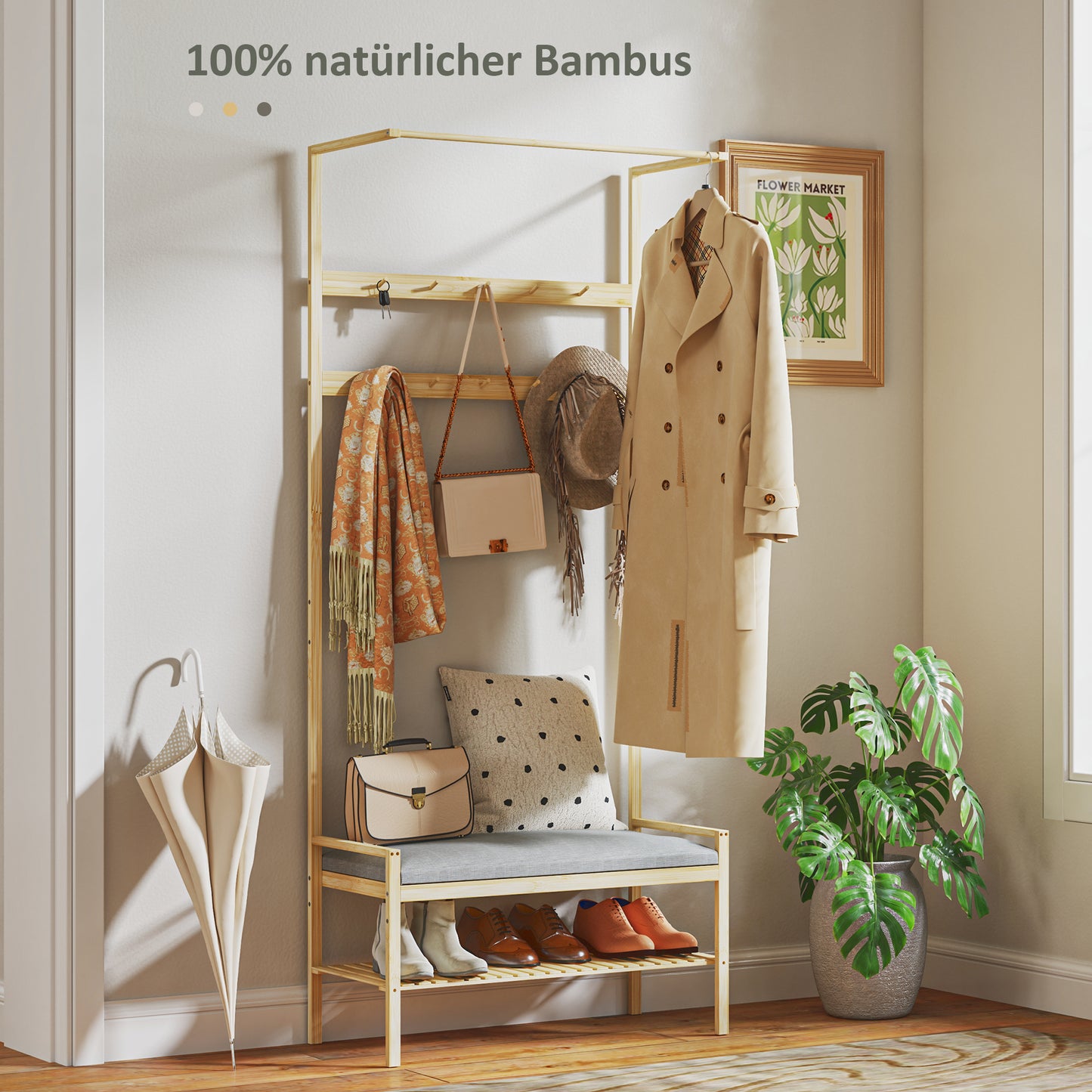 HOMCOM Garderobe mit Schuhbank, Kleiderstange, 10 Kleiderhaken, شوهابلاج, بامبوس